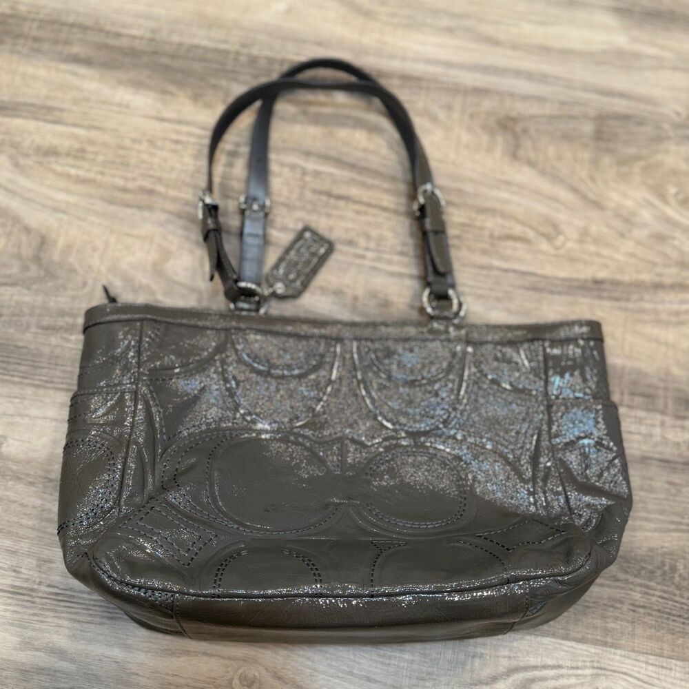 Coach Gallery Stitched Patent East West Bag in Gray